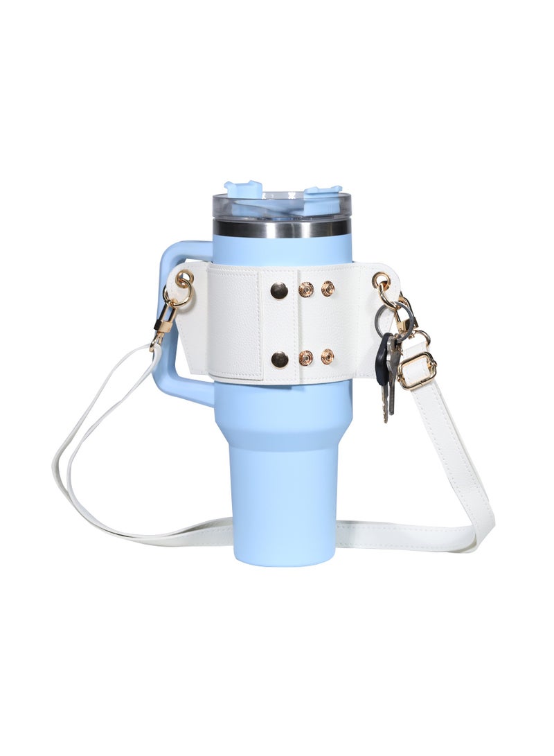 PU Leather Water Bottle Holder Water Bottle Sleeve With Adjustable Shoulder Strap For Stanley 30oz 40oz Cup (White)  - Image 1