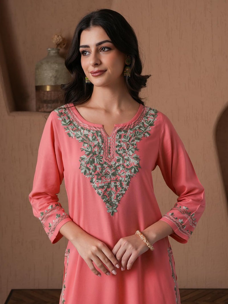 QAZMI Women's Mahsa Kashmiri Aari Work Viscose Rayon Straight Kurta Peach - Image 4