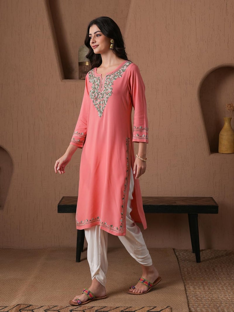 QAZMI Women's Mahsa Kashmiri Aari Work Viscose Rayon Straight Kurta Peach - Image 3