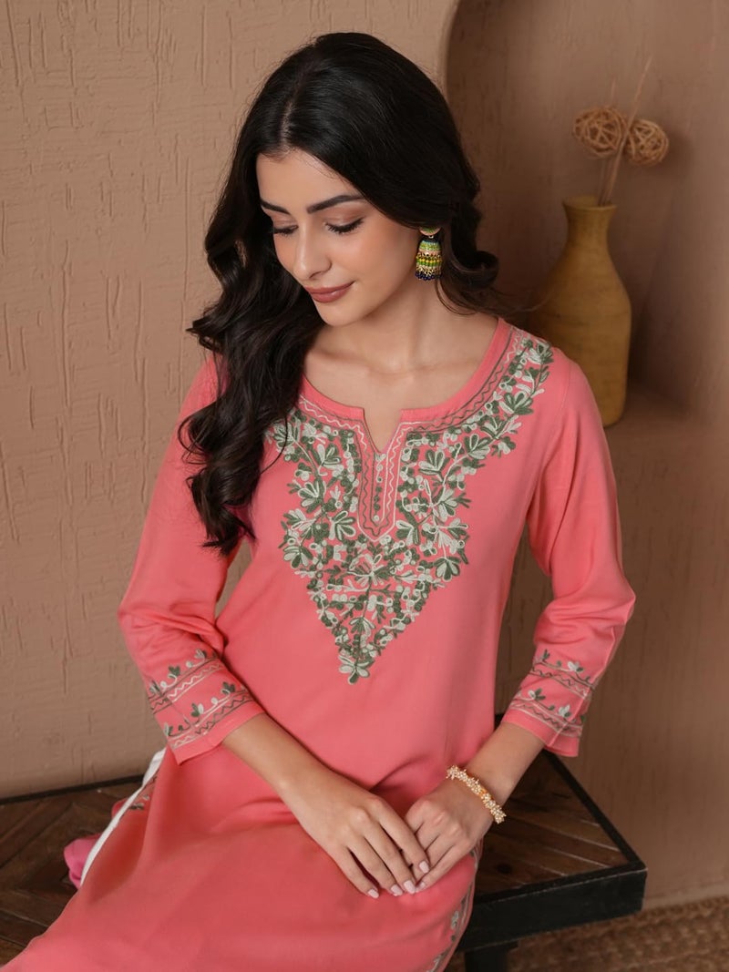 QAZMI Women's Mahsa Kashmiri Aari Work Viscose Rayon Straight Kurta Peach - Image 5