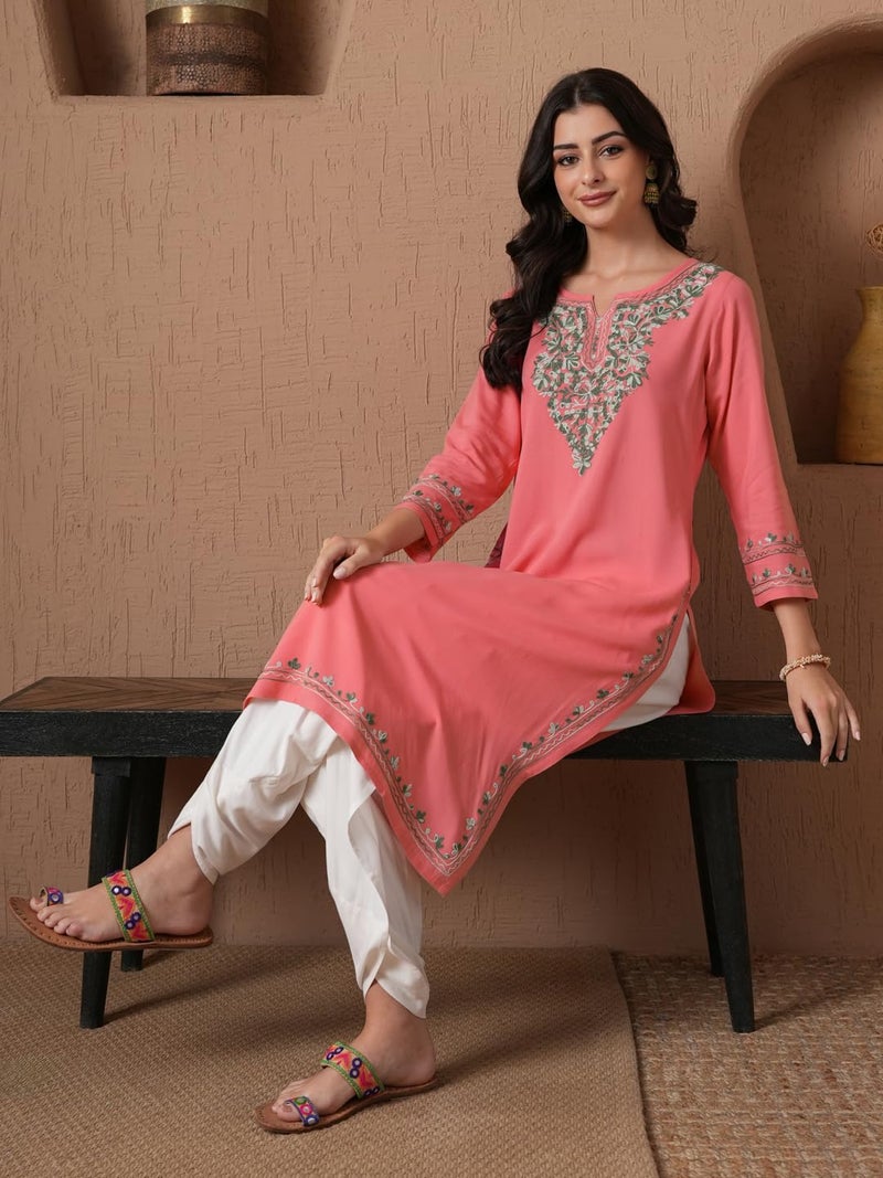 QAZMI Women's Mahsa Kashmiri Aari Work Viscose Rayon Straight Kurta Peach - Image 2
