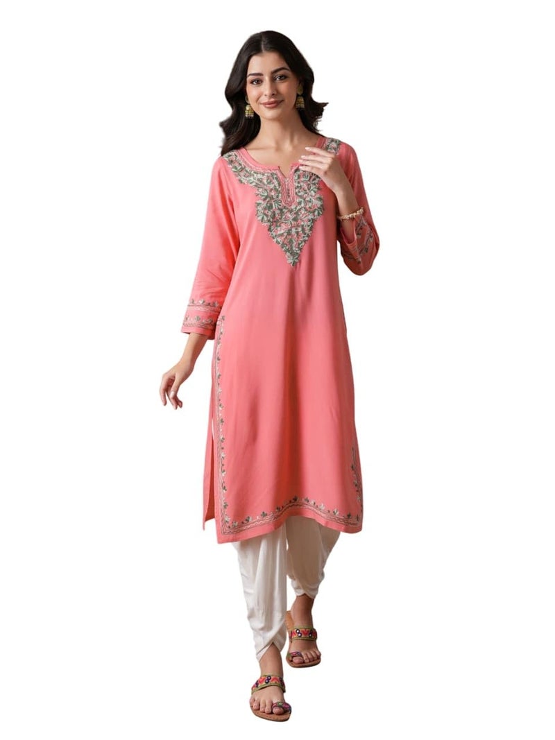 QAZMI Women's Mahsa Kashmiri Aari Work Viscose Rayon Straight Kurta Peach - Image 1