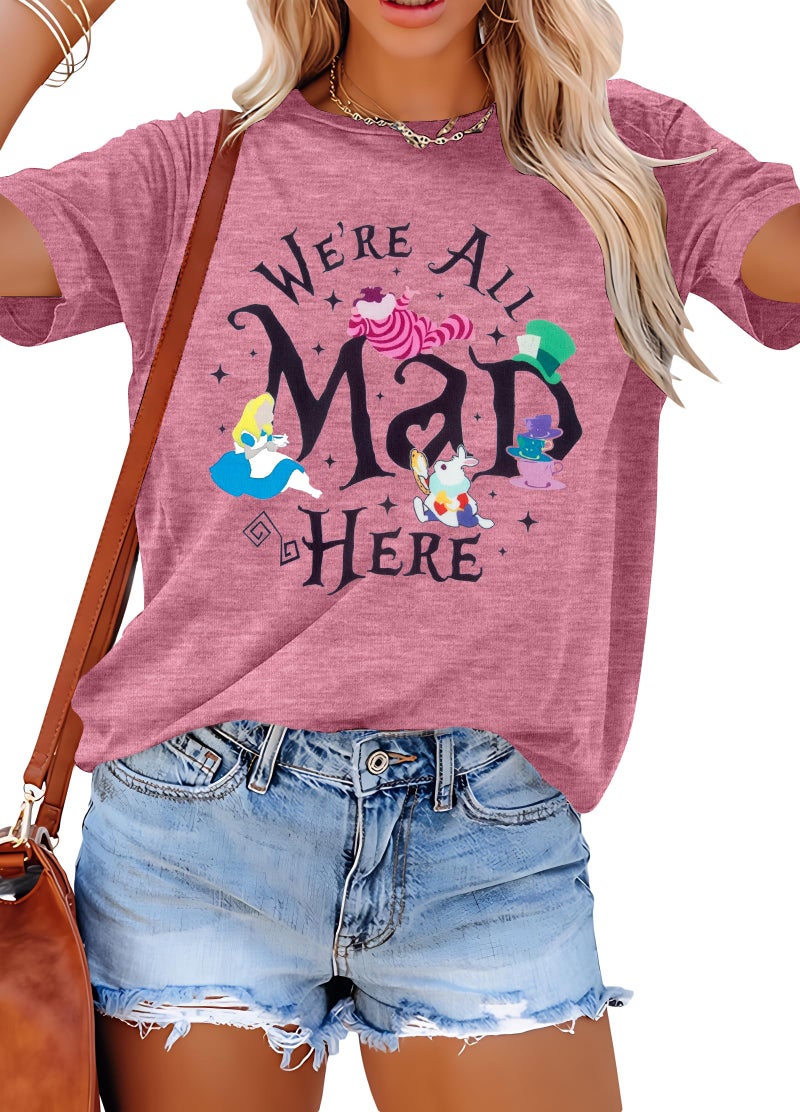 BANGELY Magical Shirt Women Magic Princess T-Shirt We're All Mad Here Fairy Graphic Shirts Vacation Party Casual Short Sleeve Top Red Pink - Image 1