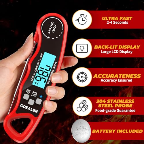 GDEALER Meat Thermometer Digital Instant Read Food Thermometer Waterproof Ultra-Fast for Grill Cooking Kitchen with Backlight & Calibration - Image 2