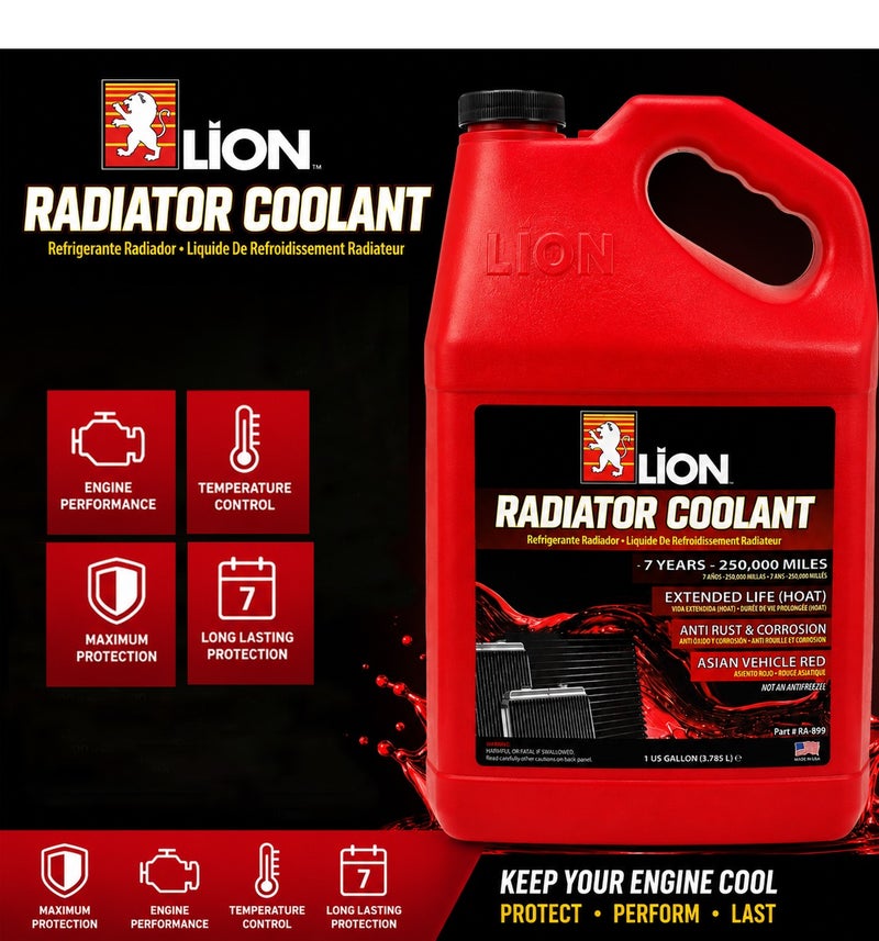 ليون LION سائل تبريد الردياتير (جاهز للاستخدام) - سائل أحمر اللون، سعة 3.785 لتر - طقم مكون من 5 عبوات - سائل تبريد محرك طويل الأمد مخصص للمركبات الآسيوية - يوفر حماية ضد الصدأ والتآكل - تركيبة مُعدة مسبقاً للعناية برداديرات السيارات، وسيارات الدفع الرباعي (SUV)، وشاحنات البيك أب - الموديل: ERPC1001 - Image 3