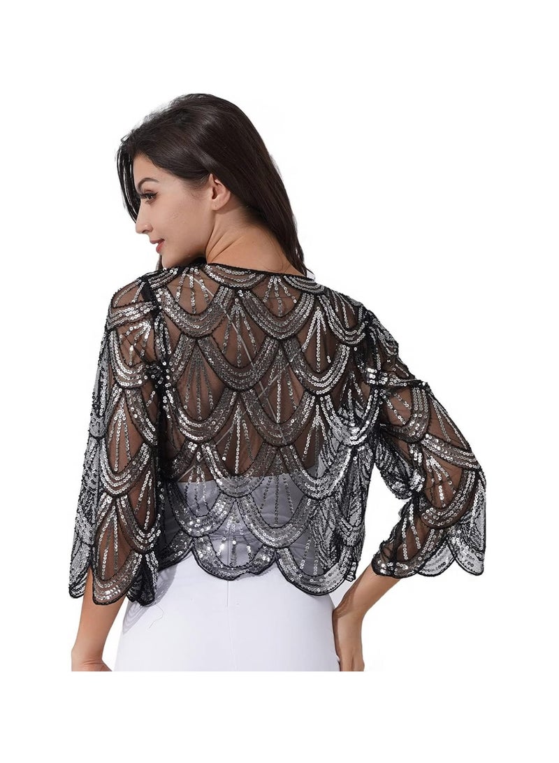 KASTWAVE Women 1920s Sequined Shawl Wraps, Long Sleeve Evening Cape Flapper Bolero Shrug, Women's Sequin Beaded Art Deco Vintage Shawl Bolero Wraps - Image 2