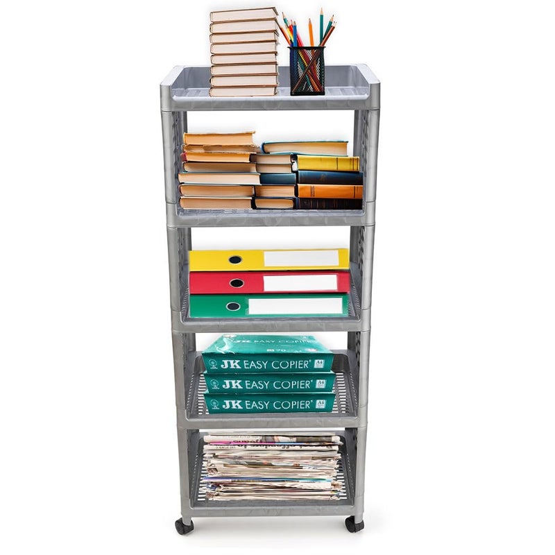 Biltoxi Trolley Rack for Kitchen Office and Bathroom Storage Organizer and Kitchen Storage Cart Multipurpose Floor Mount Corner Rack with Wheel Storage Rack for Kitchen 5 Layer Silver - Image 1