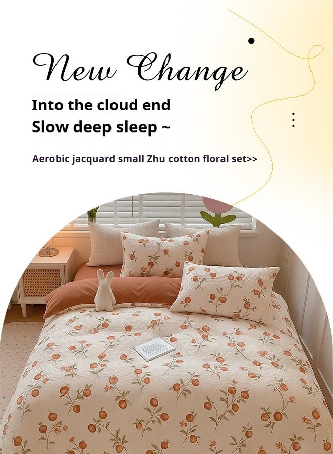 4-Piece Pomegranate print Bedding Set  200*230cm Double/King Size Cotton Double-sided design in burnt orange and cream  - Image 2