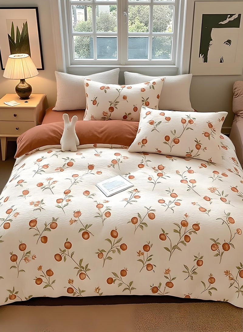 4-Piece Pomegranate print Bedding Set  200*230cm Double/King Size Cotton Double-sided design in burnt orange and cream  - Image 1