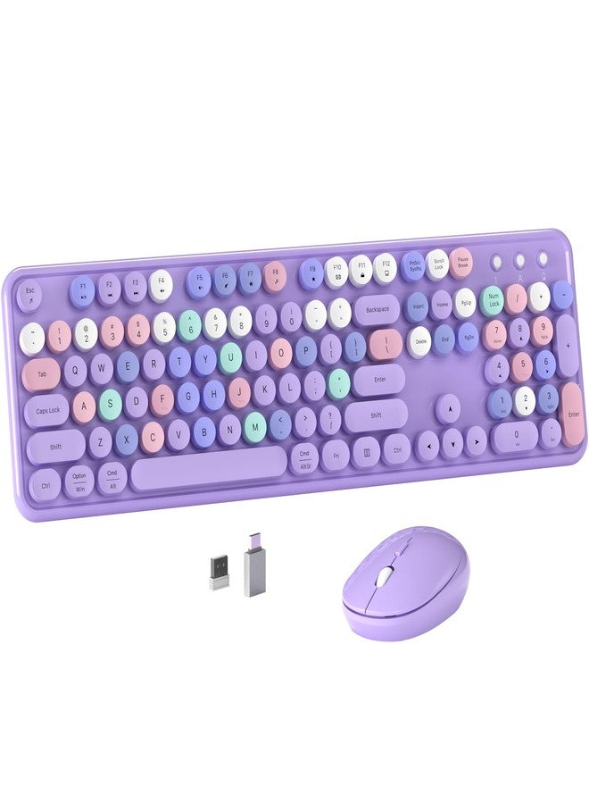 MPTOG Colorful Wireless Computer Keyboard and Mouse Combo with Round Typewriter Keycaps, Retro Design, Power Switch, Ergonomic Design, 2.4GHz Wireless for Windows, Mac, PC(Purple-Colorful) - Image 1