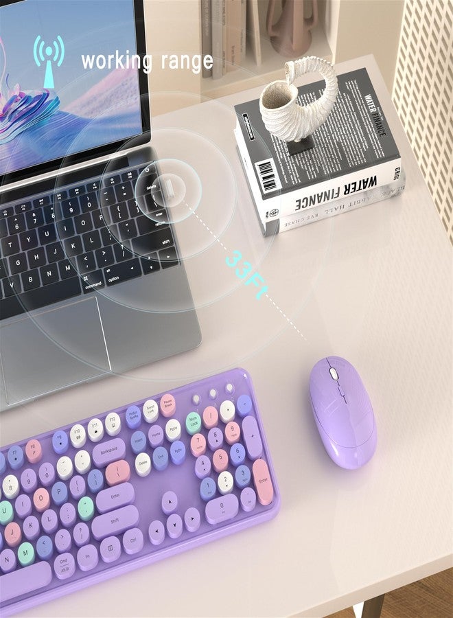 MPTOG Colorful Wireless Computer Keyboard and Mouse Combo with Round Typewriter Keycaps, Retro Design, Power Switch, Ergonomic Design, 2.4GHz Wireless for Windows, Mac, PC(Purple-Colorful) - Image 4