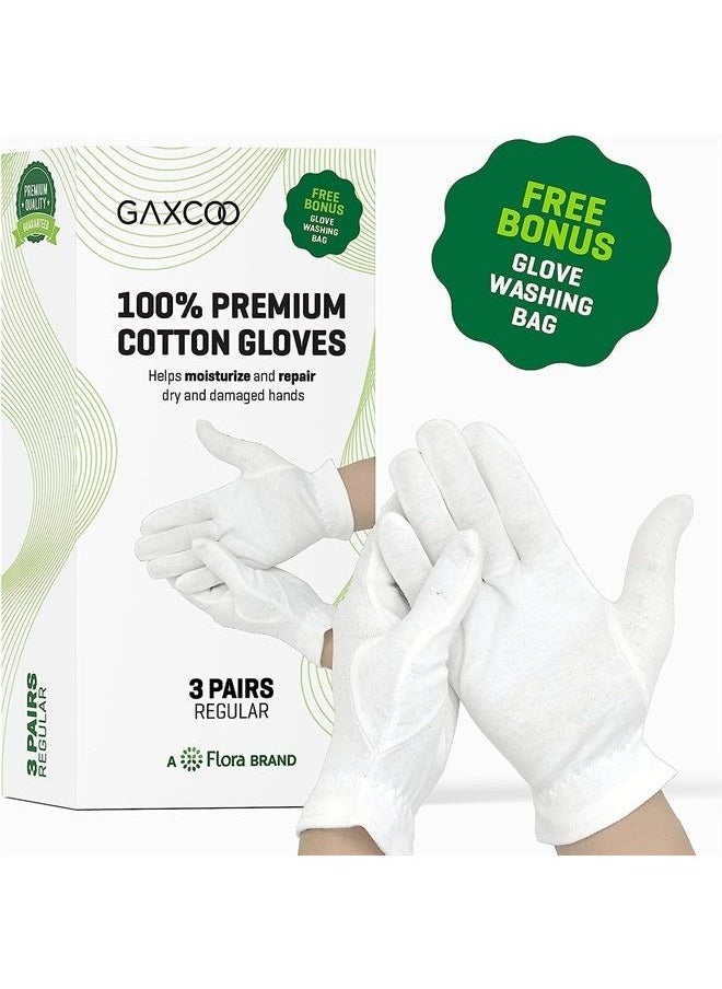 Gaxcoo - 100% Premium Cotton Moisturizing Gloves for Dry Hands & Eczema | Overnight Lotion, Sleep & Spa Treatment for Women & Men | Reusable, Washable - Free Washing Bag, Wristband (White - 3 Pair) - Image 1