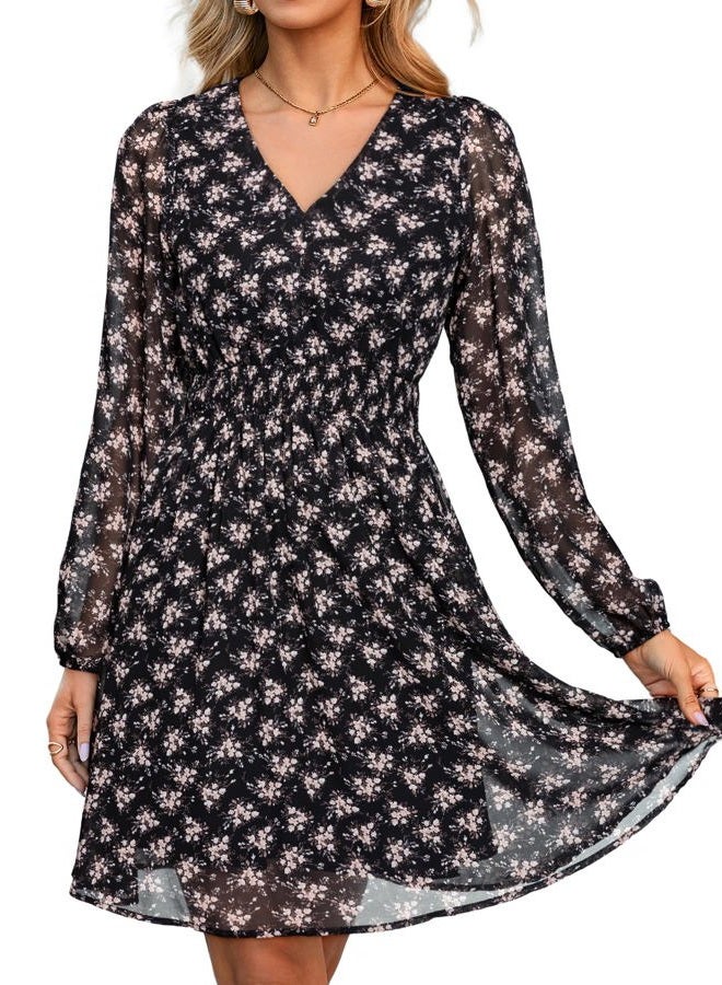 SIMPLEE Womens Floral Mini Dress Long Sleeve Casual V Neck Chiffon Modest Boho Flowy Fall Wedding Guest Dresses, Floral-black 2, M - Image 1