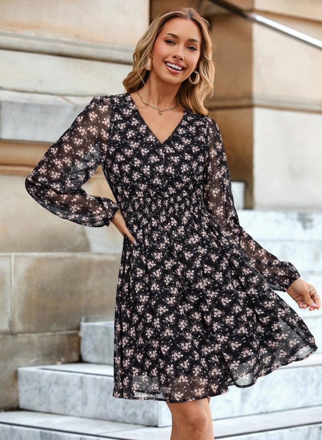 SIMPLEE Womens Floral Mini Dress Long Sleeve Casual V Neck Chiffon Modest Boho Flowy Fall Wedding Guest Dresses, Floral-black 2, M - Image 3