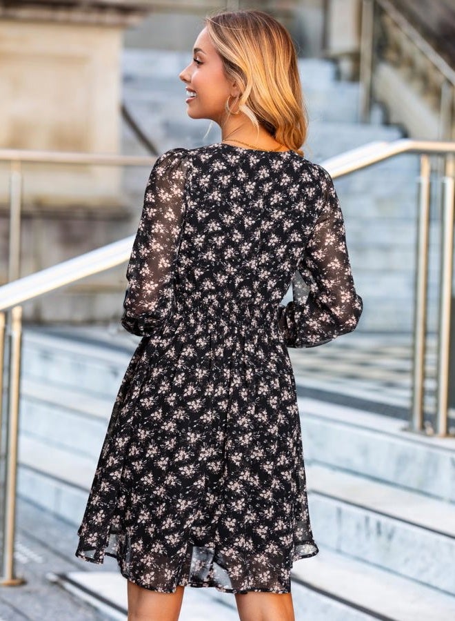 SIMPLEE Womens Floral Mini Dress Long Sleeve Casual V Neck Chiffon Modest Boho Flowy Fall Wedding Guest Dresses, Floral-black 2, M - Image 4