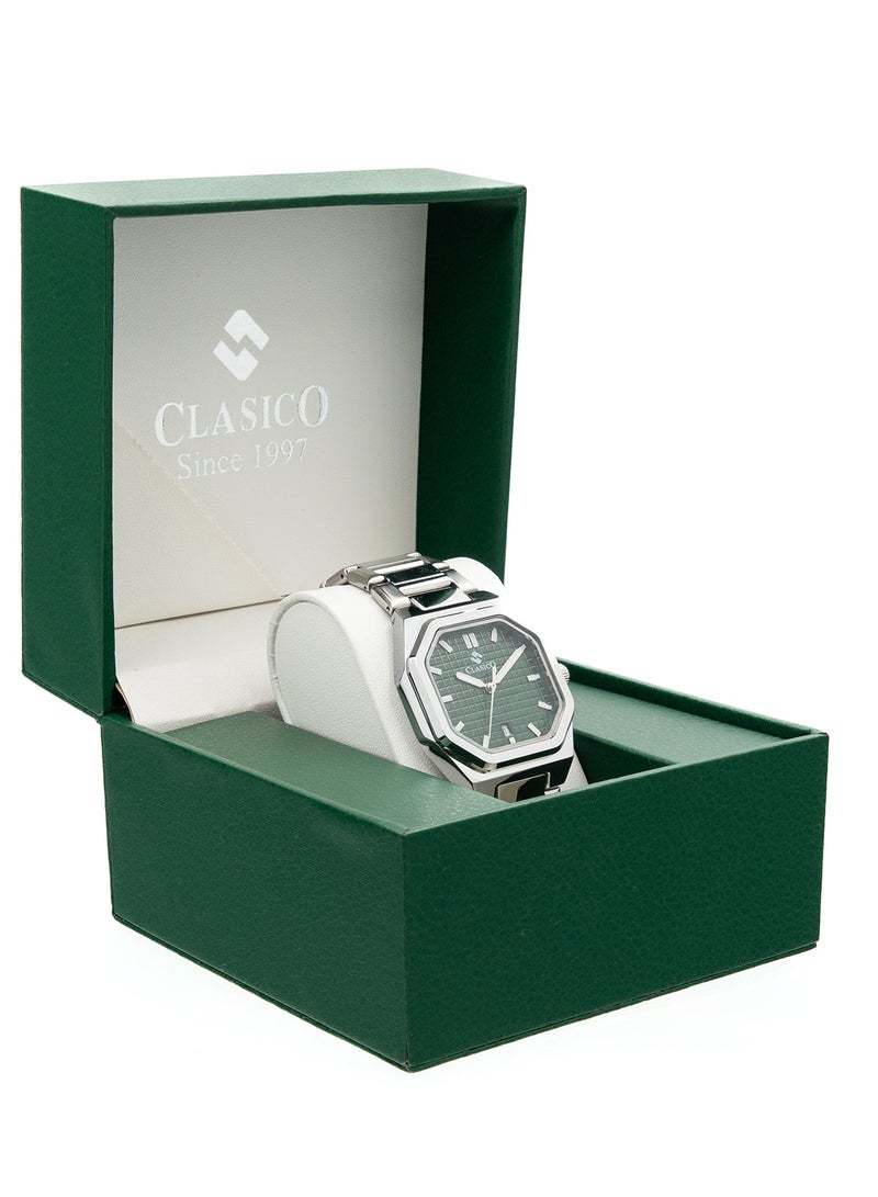 Clasico Men’s Curtis Stainless Steel Analog Watch – Green Dial, Date Display, Luxury Octagonal Design - Image 5