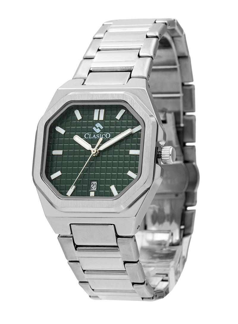 Clasico Men’s Curtis Stainless Steel Analog Watch – Green Dial, Date Display, Luxury Octagonal Design - Image 2