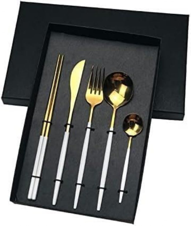 Silverware Set 10/20/30Piece Portuguese Cutlery Flat Handle Stainless Steel Knives, Forks, Spoons and Chopsticks(White Gold,4 Set) - Image 1