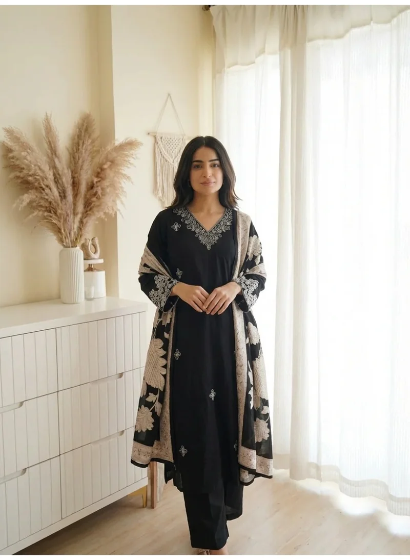PRIYA’S PANACHE Black Women Black Embroidered Muslin Kurta Set with Dupatta and Straight Pants 3 Piece Ethnic Indian Pakistani Suit for Ladies for Women | Best Price UAE
