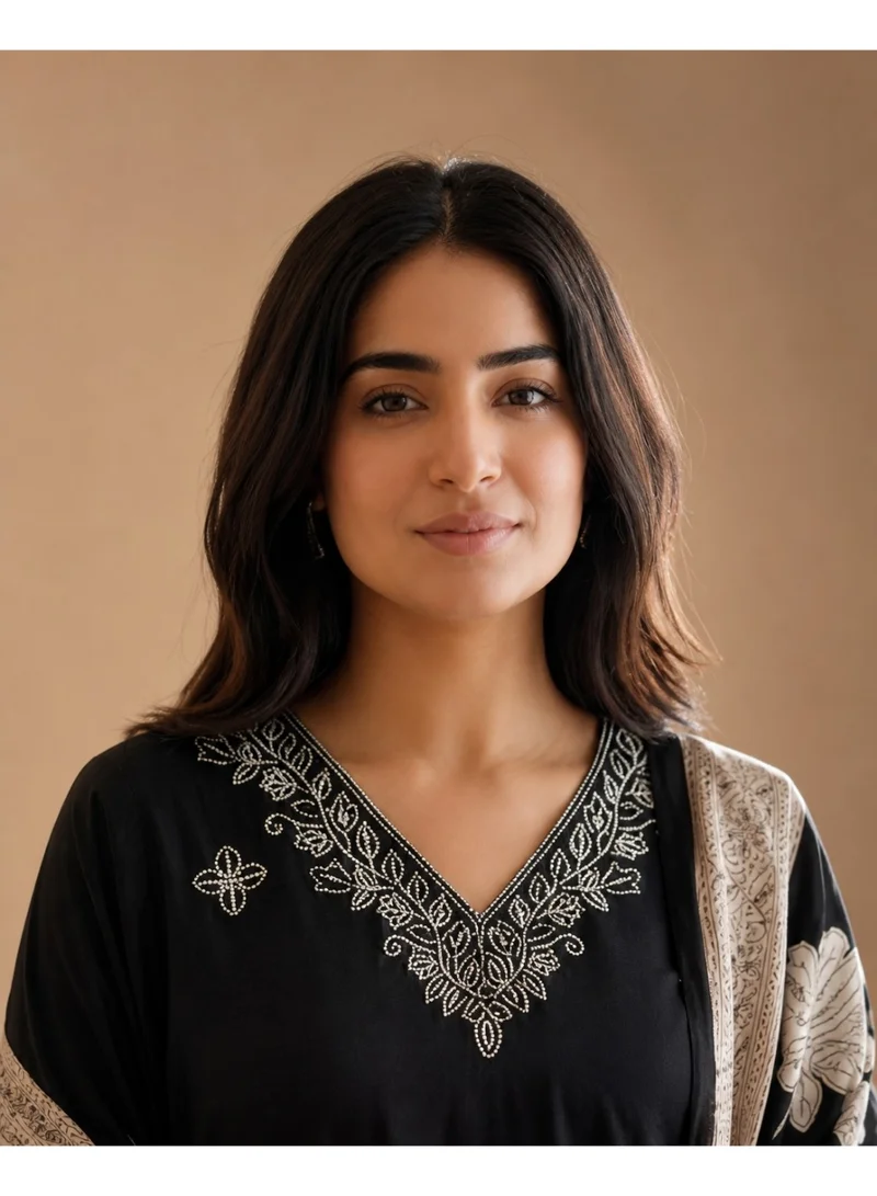 PRIYA’S PANACHE Black Women Black Embroidered Muslin Kurta Set with Dupatta and Straight Pants 3 Piece Ethnic Indian Pakistani Suit for Ladies for Women | Best Price UAE