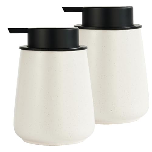 Eyrozia 12Oz Hand Soap Dispenser Set - 2 Pack Ceramic Lotion Soap Dispenser Set with Easy-to-Press Black Pump, Refillable Mordern Liquid Dish Soap Dispensers for Bathroom & Kitchen (Beige, Liquid Pump) - Image 1