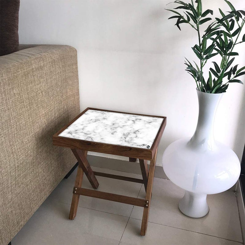 Nutcase Designer Teak Wood Side Table Folding Wooden Bedside Coffee Outdoor Picnic Table White and Black Marble Pastel