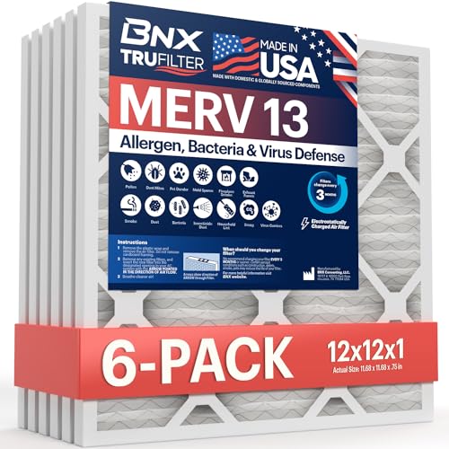 BNX فلتر هواء BNX TruFilter 12x12x1 MERV 13 (عبوة 6) - صنع في الولايات المتحدة الأمريكية - فلتر هواء مكيف كهربائي HVAC AC فرن كهربائي مضاد للحساسية، حبوب اللقاح، العفن، البكتيريا، الدخان، المواد المسببة للحساسية، MPR 1900 FPR 10 - Image 1