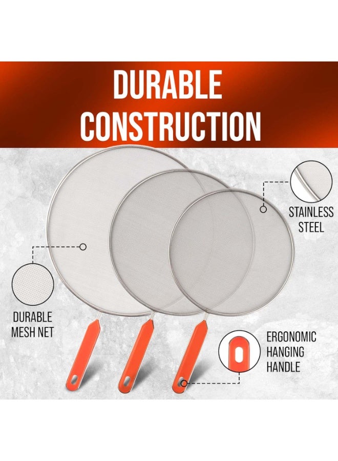 بتيمفم مجموعة من 3 قطع من شاشات رذاذ الفولاذ المقاوم للصدأ، واقيات شحوم شبكية دقيقة بمقابض مقاومة للحرارة، واقيات من تناثر الزيت آمنة للغسل في غسالة الأطباق (21 سم، 25 سم، 29 سم) - Image 4