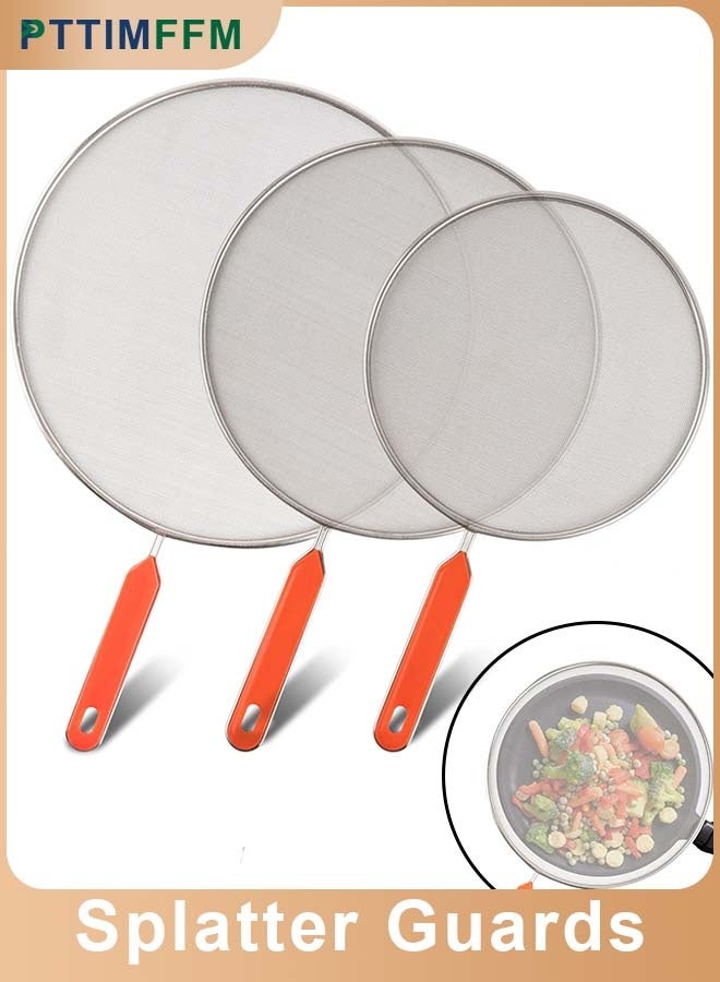 بتيمفم مجموعة من 3 قطع من شاشات رذاذ الفولاذ المقاوم للصدأ، واقيات شحوم شبكية دقيقة بمقابض مقاومة للحرارة، واقيات من تناثر الزيت آمنة للغسل في غسالة الأطباق (21 سم، 25 سم، 29 سم) - Image 1