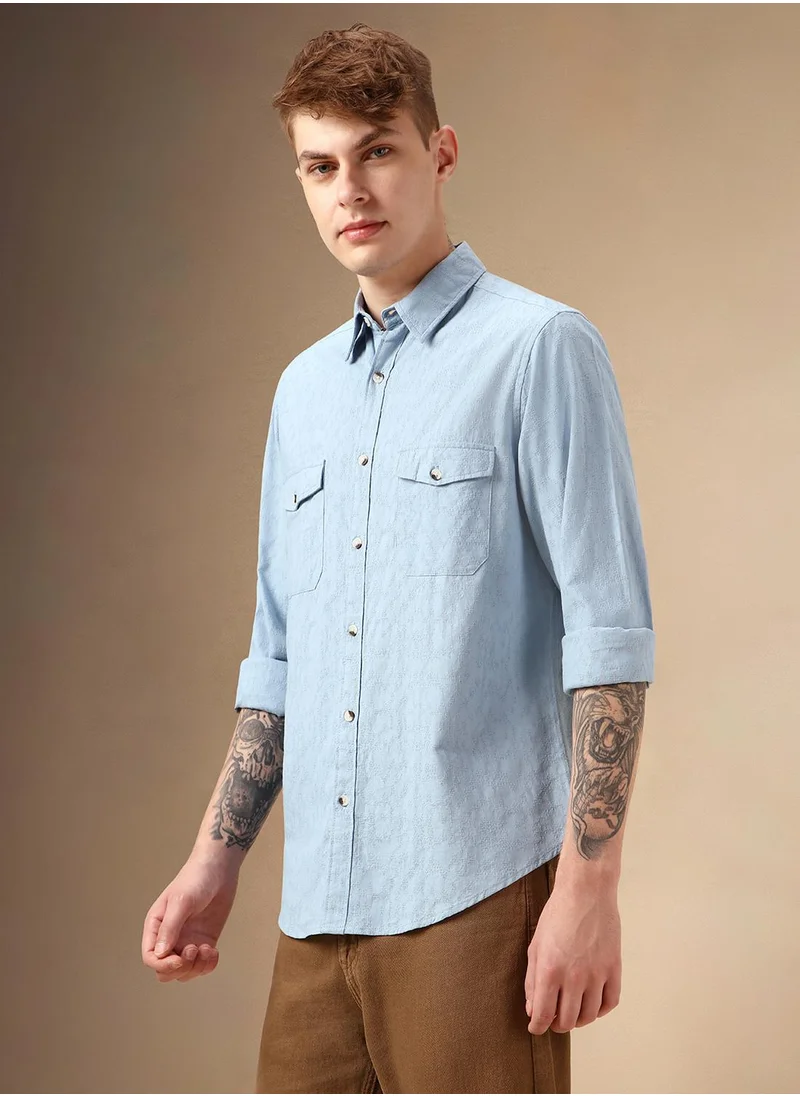 دينيس لينغو Men's Blue 100% Cotton Textured Shirt