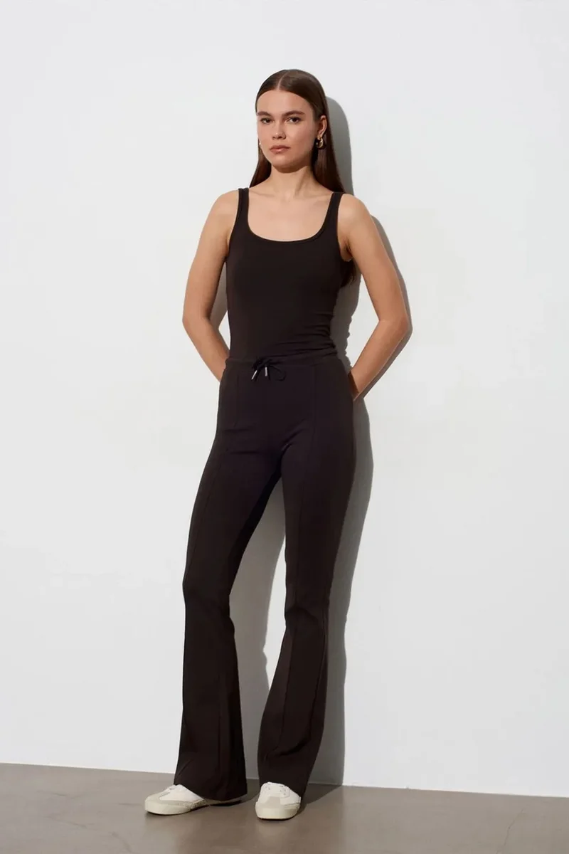 DILVIN Mid-Waist Flare Jersey Pants With Drawstring