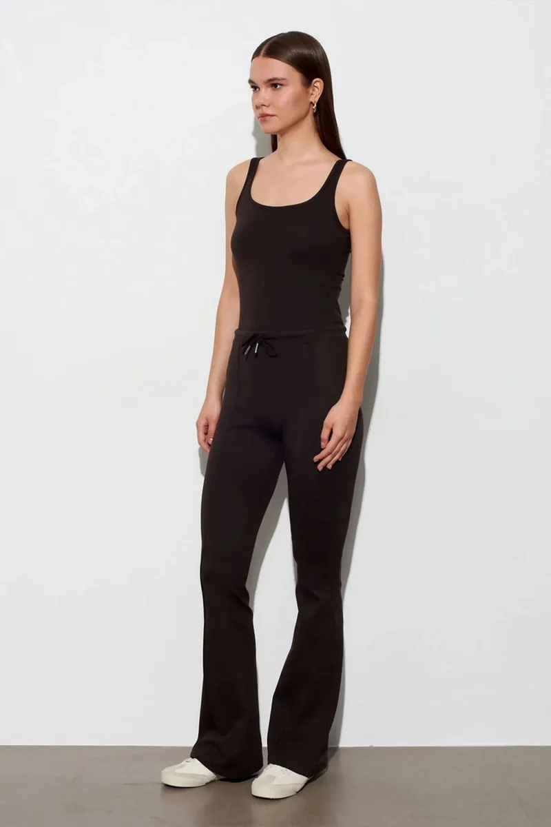 Dilvin Black DILVIN Mid-Waist Flare Jersey Pants With Drawstring for Women | Best Price UAE