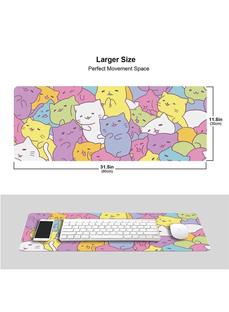 Excefore Cute Cat Gaming Mouse Pad XL, Extended Large Mouse Mat Desk Pad, Stitched Edges Mousepad, Long Non-Slip Rubber Base Mice Pad, 31.5 X 11.8 Inch - Image 2
