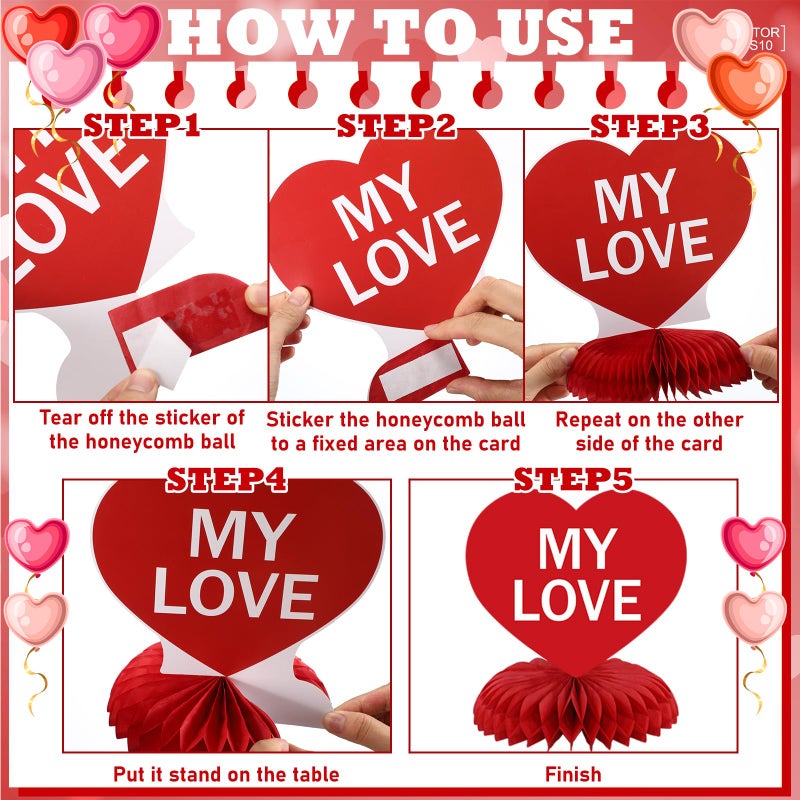 Weekgrat 12 Pcs Valentine's Day Honeycomb Centerpieces Valentines Decorations 3D Paper Valentine Heart Honeycomb Valentine Conversation Hearts Decorations for Valentine's Day Party Table Decor - Image 4