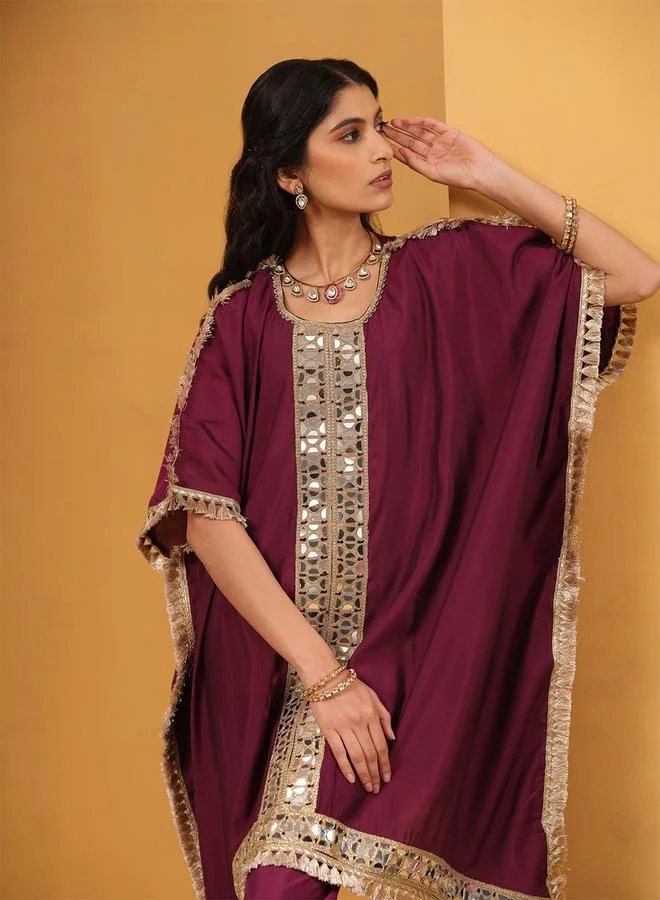 ISHIN Women's Burgundy Viscose Silk Embellished A-Line Kaftan Upperwear Calf Length Palazzo Bottomwear Flowy 2 Peice Kurta Set