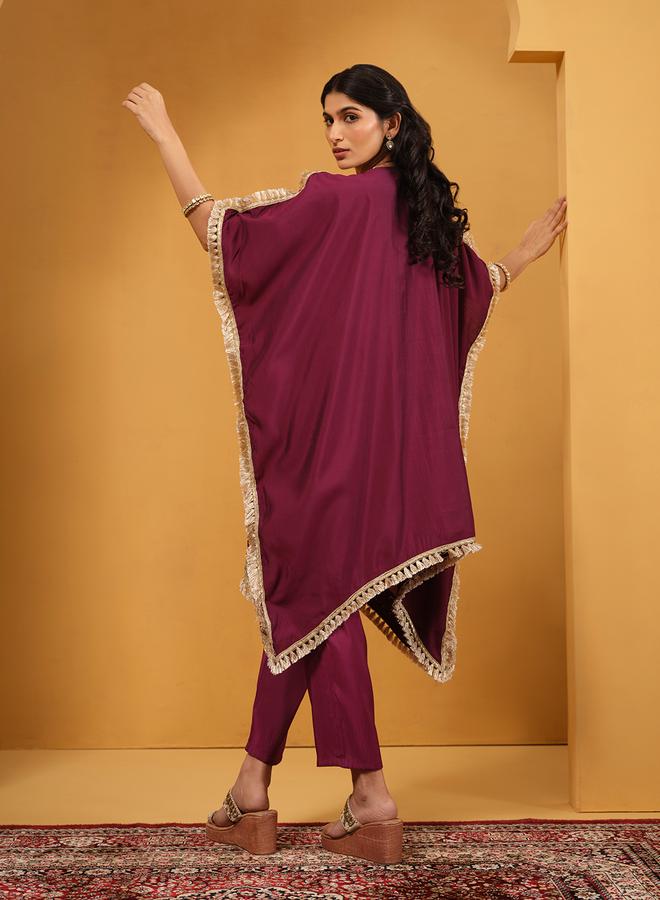 ISHIN Women's Burgundy Viscose Silk Embellished A-Line Kaftan Upperwear Calf Length Palazzo Bottomwear Flowy 2 Peice Kurta Set - Image 2
