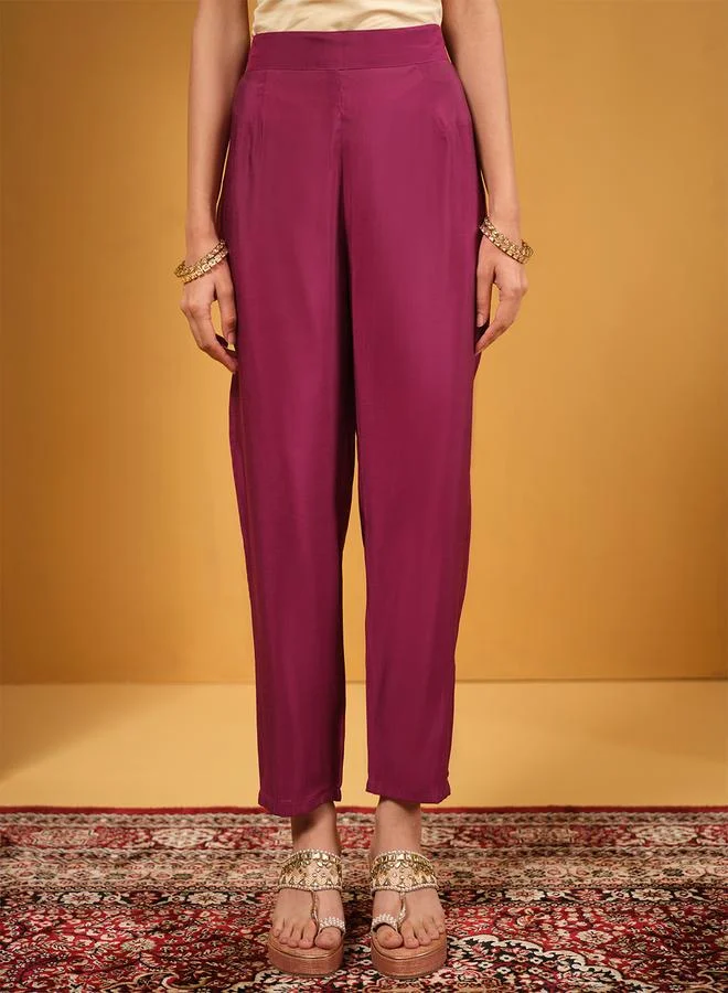 ISHIN Women's Burgundy Viscose Silk Embellished A-Line Kaftan Upperwear Calf Length Palazzo Bottomwear Flowy 2 Peice Kurta Set