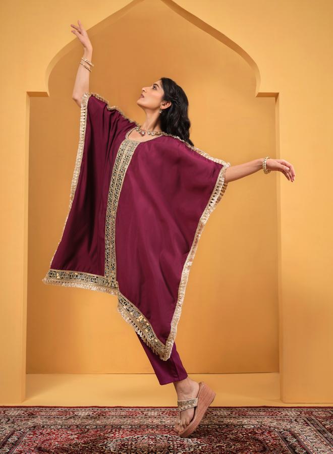ISHIN Women's Burgundy Viscose Silk Embellished A-Line Kaftan Upperwear Calf Length Palazzo Bottomwear Flowy 2 Peice Kurta Set - Image 3