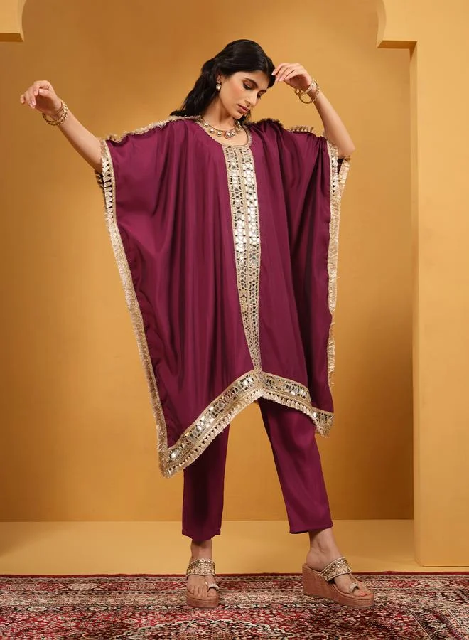 ISHIN Women's Burgundy Viscose Silk Embellished A-Line Kaftan Upperwear Calf Length Palazzo Bottomwear Flowy 2 Peice Kurta Set