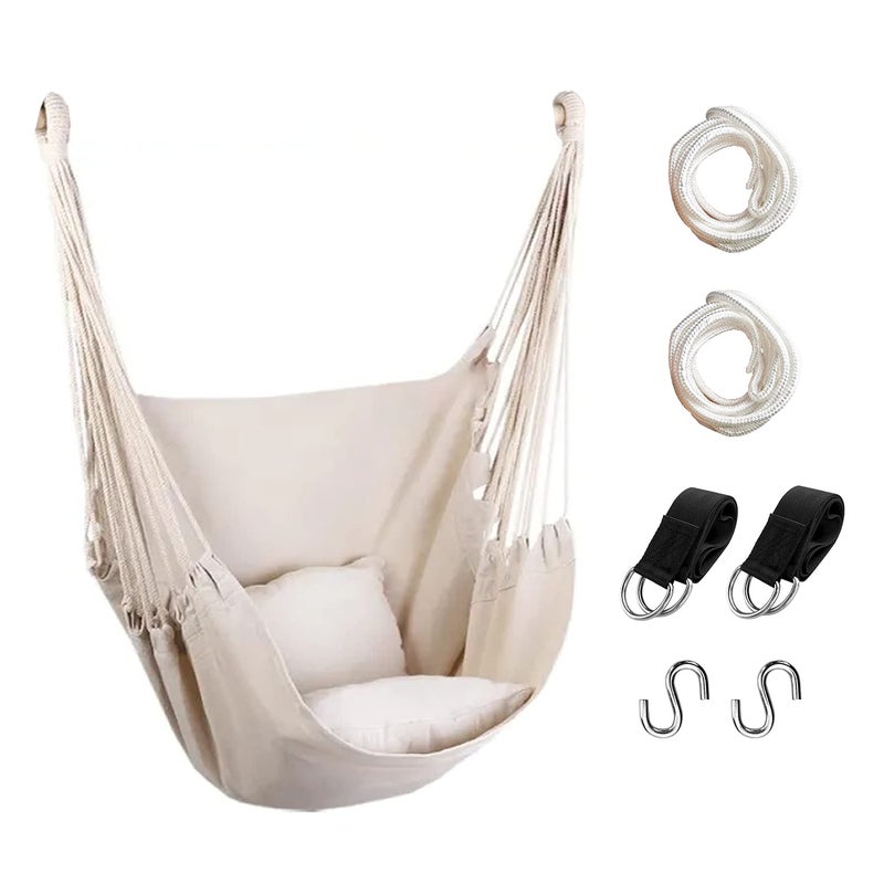 Hommtina Hammock Chair Hanging Rope Swing Max 300 Lbs Hanging Chair with Pocket Durability Perfect for Outdoor Home Bedroom Patio Yard Pillows NOT IncludedBeige