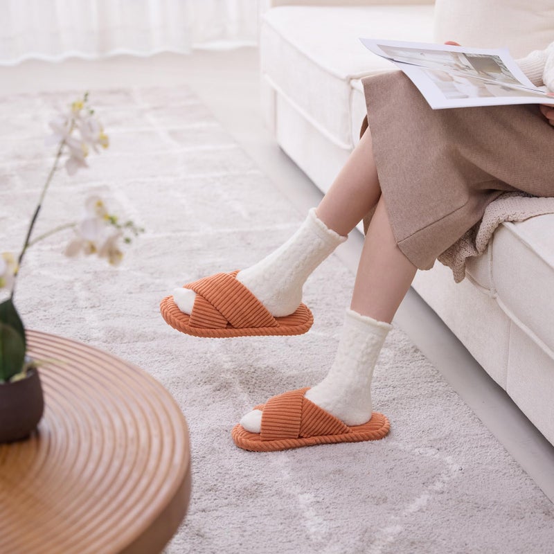 GOEWY House Slippers for Women Fuzzy Womens Slippers Indoor Outdoor Open Toe With Cross Band Corduroy Memory Foam Warm Gifts for Woman Size 7 8.5 Orange - Image 2