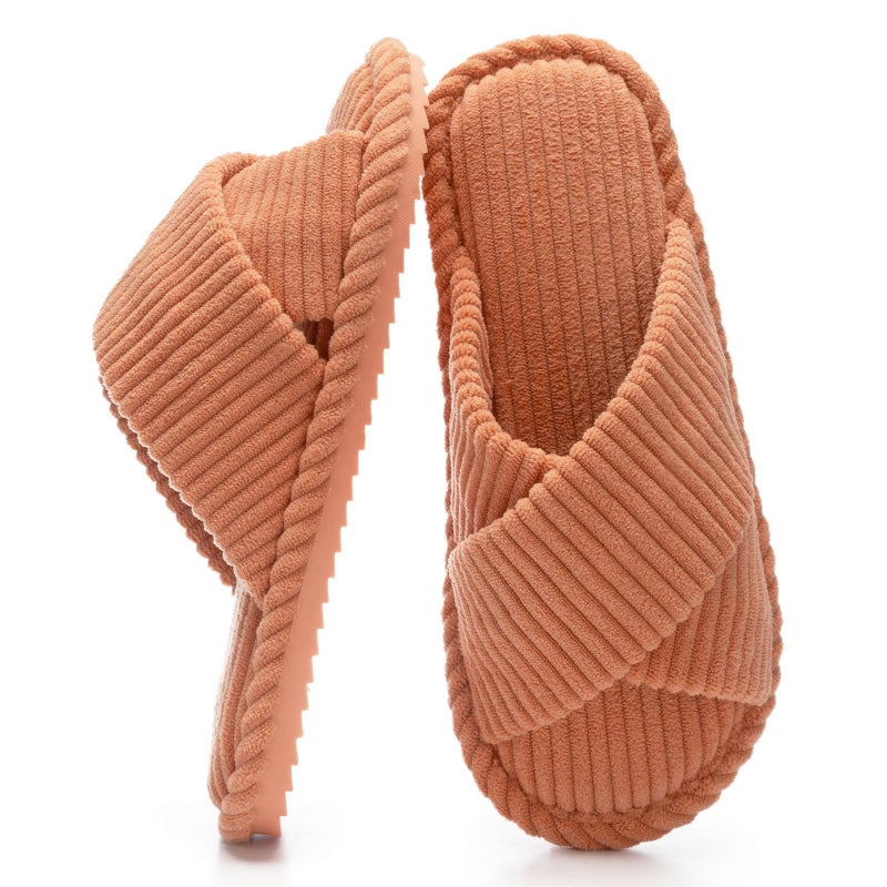 GOEWY House Slippers for Women Fuzzy Womens Slippers Indoor Outdoor Open Toe With Cross Band Corduroy Memory Foam Warm Gifts for Woman Size 7 8.5 Orange - Image 1