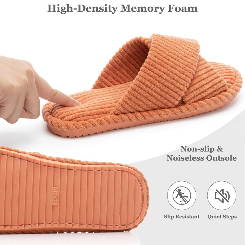 GOEWY House Slippers for Women Fuzzy Womens Slippers Indoor Outdoor Open Toe With Cross Band Corduroy Memory Foam Warm Gifts for Woman Size 7 8.5 Orange - Image 4
