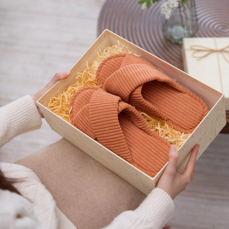 GOEWY House Slippers for Women Fuzzy Womens Slippers Indoor Outdoor Open Toe With Cross Band Corduroy Memory Foam Warm Gifts for Woman Size 7 8.5 Orange - Image 3