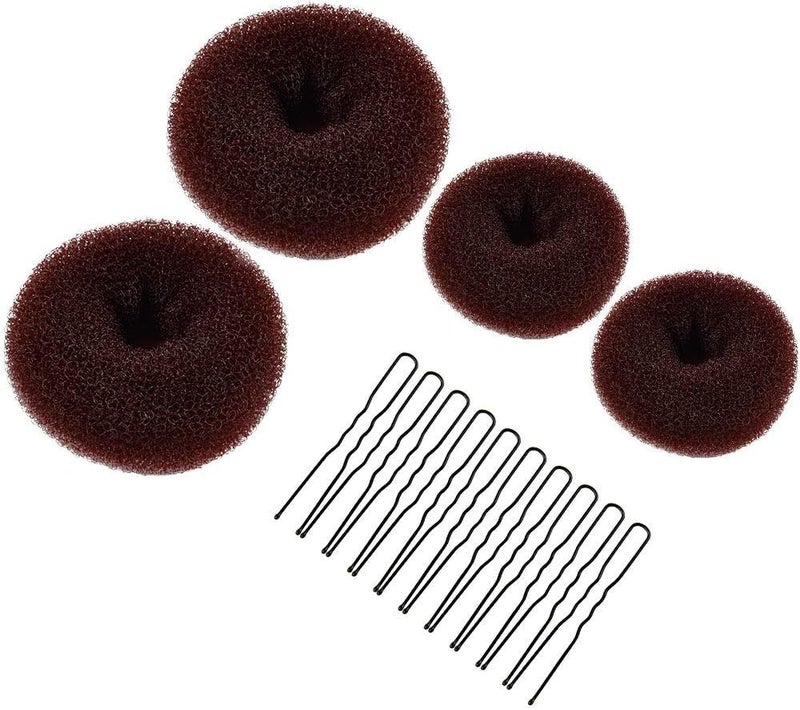 Hair Donuts for Buns MORGLES 4pcs Hair Bun Maker Shaper Set with 10pcs Bobby Pins for Dancer Ballerina Brown