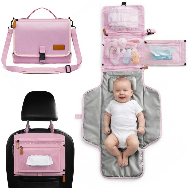 UBRAVOO Portable Diaper Changing Pad - Baby Diaper Changer Travel Bag with Wipes Pocket, Smart Design Portable Changing Mat, Infant Travel Station Kit, Gift for Newborn Girl & Boy (Pink) - Image 1