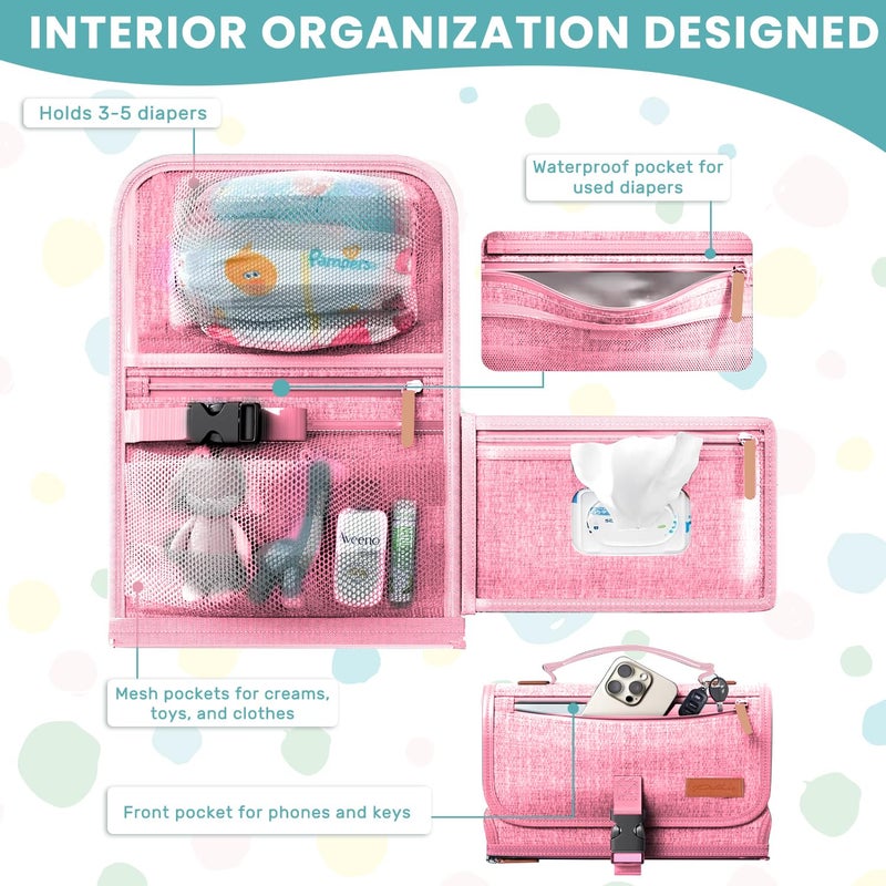 UBRAVOO Portable Diaper Changing Pad - Baby Diaper Changer Travel Bag with Wipes Pocket, Smart Design Portable Changing Mat, Infant Travel Station Kit, Gift for Newborn Girl & Boy (Pink) - Image 3