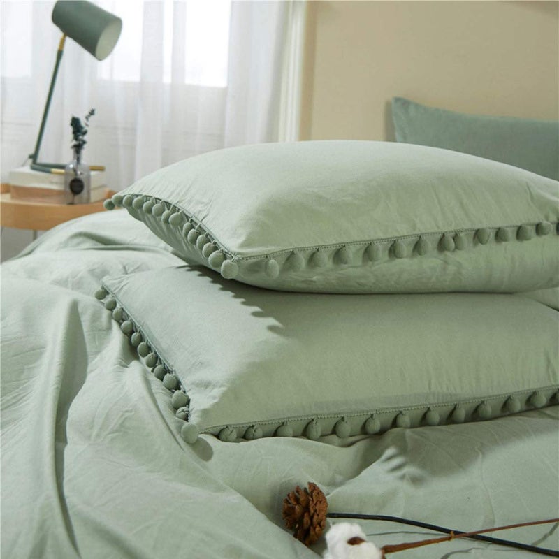 Pom Standard Size Pillow Shams Set of 2 Boho Ball Tassel Trimmed Pillowshams Pompom Fringe Cute Microfiber Pillowcases 20x26 Inch Sage Green