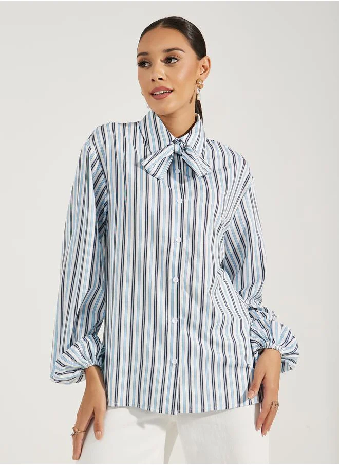 ستايلي Striped Relaxed Fit Shirt with Neck Tie Detail