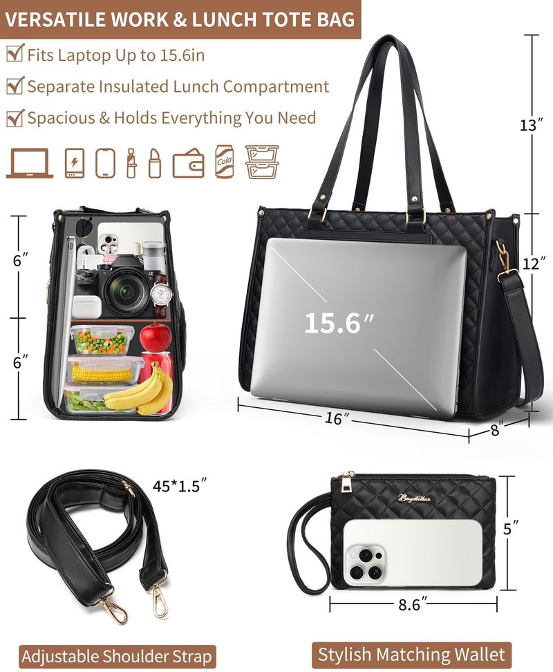 Bagstellar Lunch Tote Bag for Women, 15.6 Inch Laptop Work Bag with Insulated Lunch Box Compartment & Purse Large Capacity Quilted Computer Handbag for Office Business Work Nurse Teacher Travel Casual - Image 2